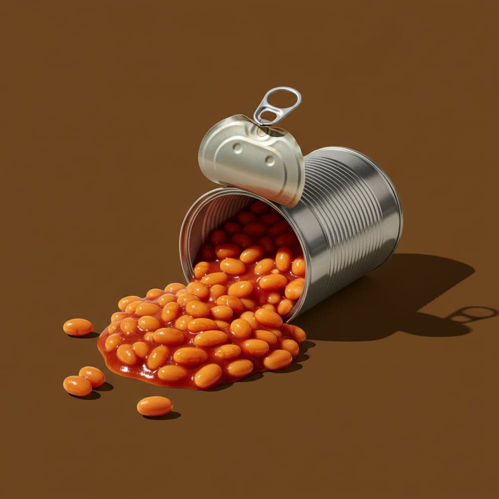 An opened tin of baked beans spilling onto an amber background