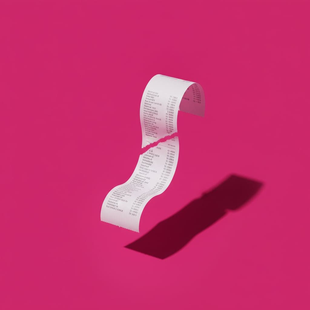 A till receipt curling on a magenta background