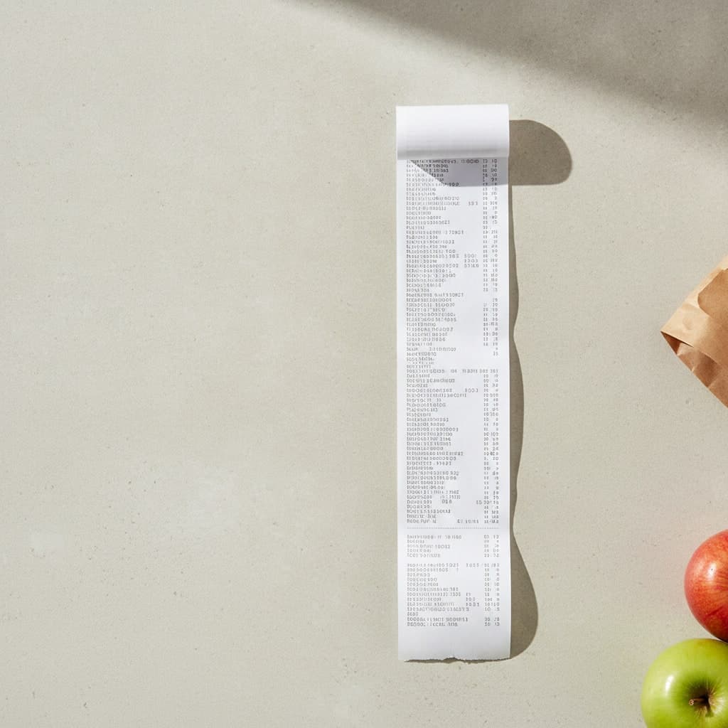 A supermarket till receipt on a kitchen worktop beside a paper bag and apples