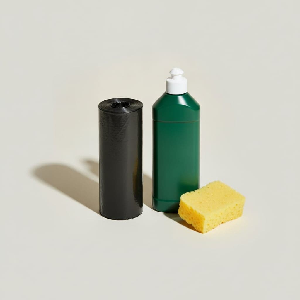 Bin liners, washing-up liquid and a sponge on a pale stone background