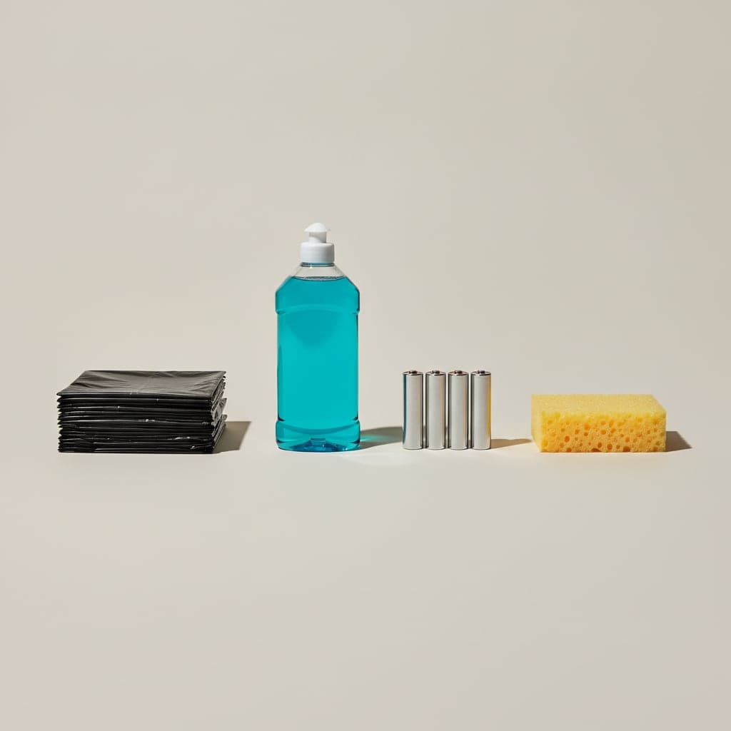 Bin liners, washing-up liquid, batteries and a sponge on a pale stone background
