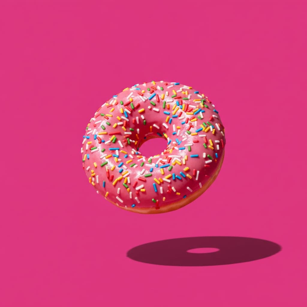 An iced doughnut, snack puffs, sliced white bread and a cola on a magenta background