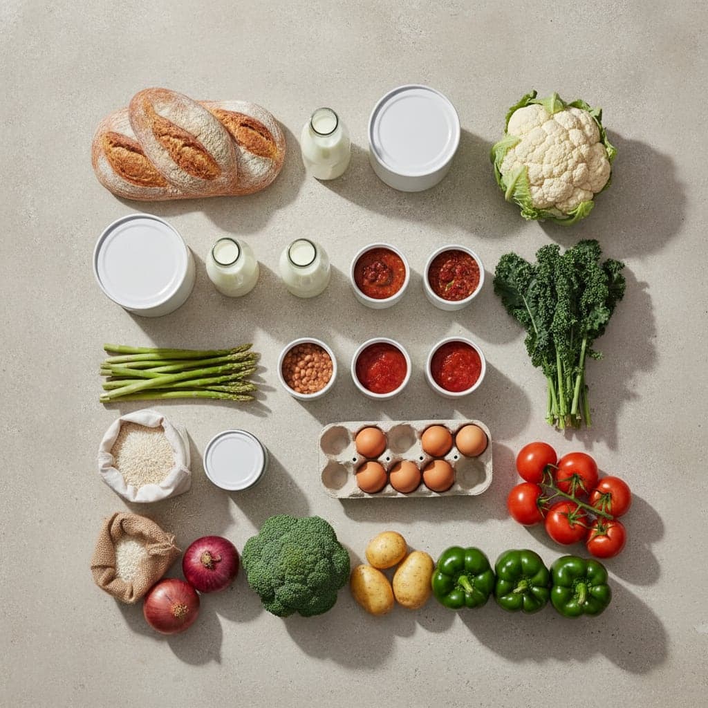 A week of unbranded groceries laid out in a grid on a worktop